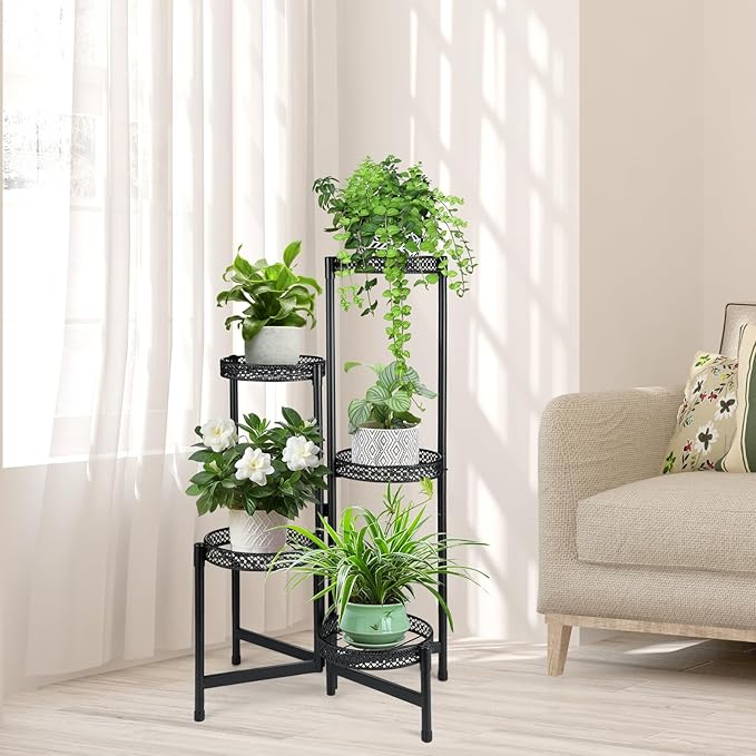 Black Metal Plant Stand for Indoor Outdoor 5 Tier Foldable Corner Tall Plant Shelf Display Stand for Multiple Plants Wrought Iron Flower Pot Holder for Living Room Balcony Garden Patio(5 tier01)