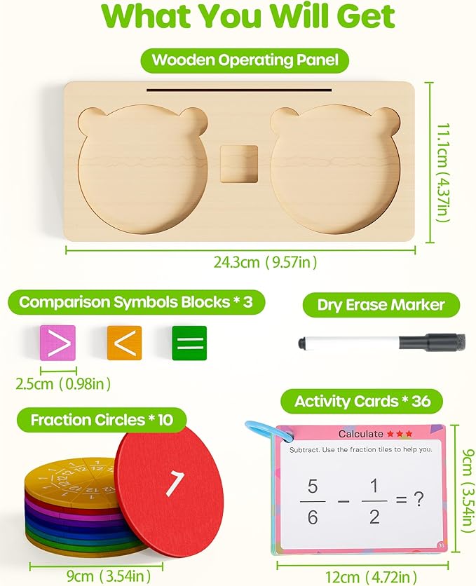 D-FantiX Wooden Fraction Educational Puzzle, Wood Fraction Tiles & Fraction Circles Set, Math Manipulatives for Elementary School, Montessori Fraction Manipulatives Games Learning Toys for Kids