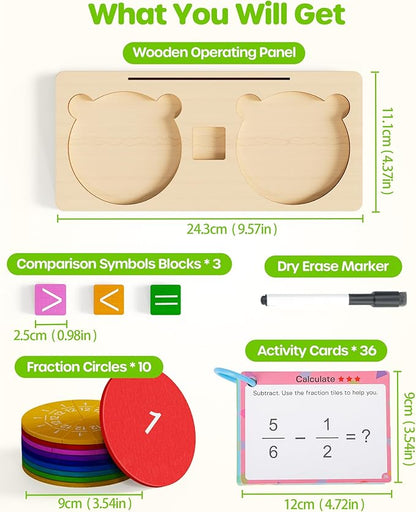 D-FantiX Wooden Fraction Educational Puzzle, Wood Fraction Tiles & Fraction Circles Set, Math Manipulatives for Elementary School, Montessori Fraction Manipulatives Games Learning Toys for Kids