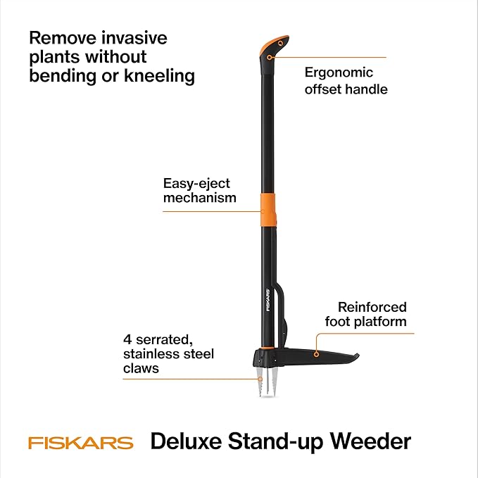 Fiskars 4-Claw Stand Up Weed Puller Tool, Gardening Hand Weeding Tool with 39" Long Ergonomic Handle with Easy-Eject Mechanism