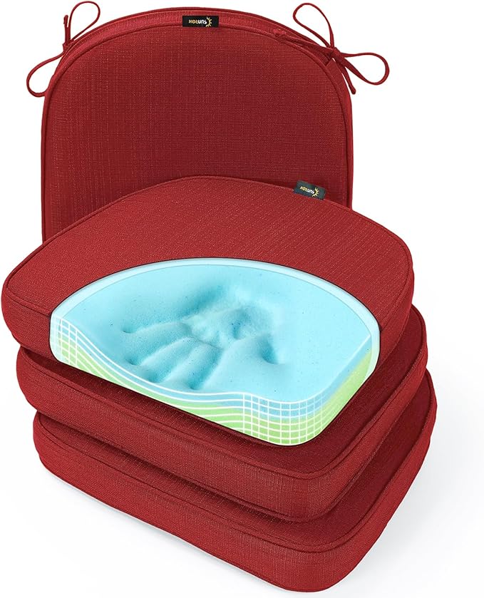 SUNROX Gel Memory Foam Chair Cushions, FadeShield Water-, Stain-Resistant Durable Reversible Seat Cushion Pads with Ties for Indoor/Outdoor Kitchen Dining Office, 19"x19", Set of 4, Burgundy