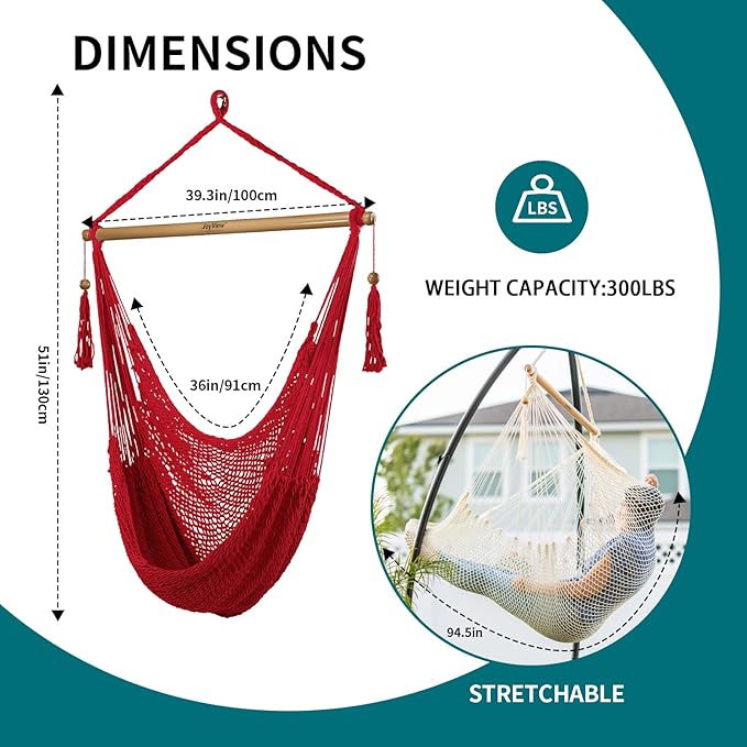 JoyView Hammock Chair with Spreader Bar Caribbean Hammock Swing Chair 300 LBS Weight Capacity XL Rope Hanging Chair for Outdoor Indoor Garden Yard - Red