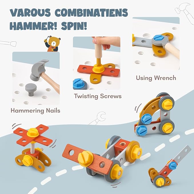 Giant bean Wooden Baby Push Walker with Activity Center – Car Traffic Theme Tool Bench Shape Sorter, Steering Wheel Gears Beads, Montessori Toy for Toddlers 1-3, Walking Push Toy Speed Adjustable