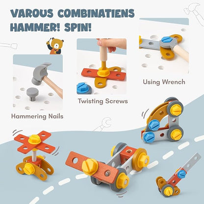 Giant bean Wooden Baby Push Walker with Activity Center – Car Traffic Theme Tool Bench Shape Sorter, Steering Wheel Gears Beads, Montessori Toy for Toddlers 1-3, Walking Push Toy Speed Adjustable