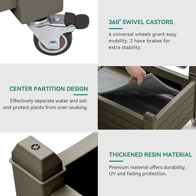 YITAHOME 3.6x1.5x5 FT Planter Box Trellis with Wheels, Large Outdoor Plastic Raised Garden Bed with Drain Plug for Climbing Plants, Light Brown