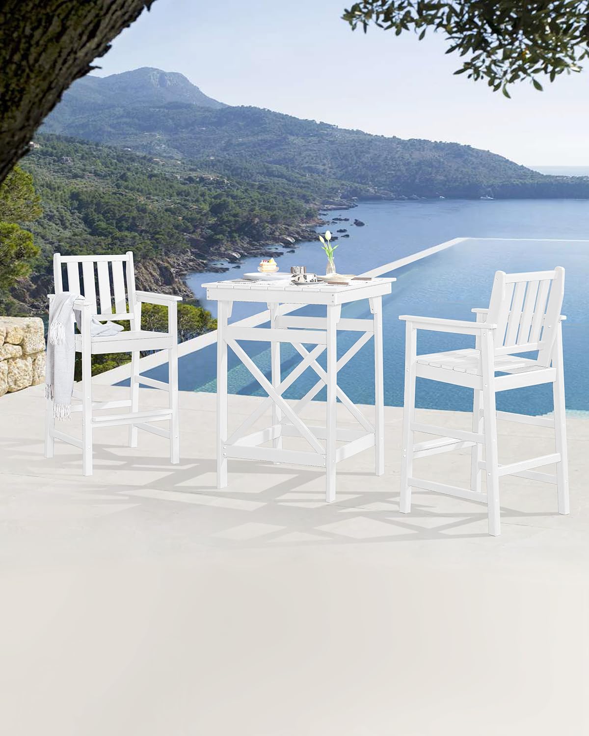 3-Piece Adirondack Chairs and Table Set, HDPE Patio Bar Sets, All Weather Outdoor Bar Stools Set, HDPE Adirondack Bar Height Chairs and Bar Table for Balcony, Porch, Garden, Pearl