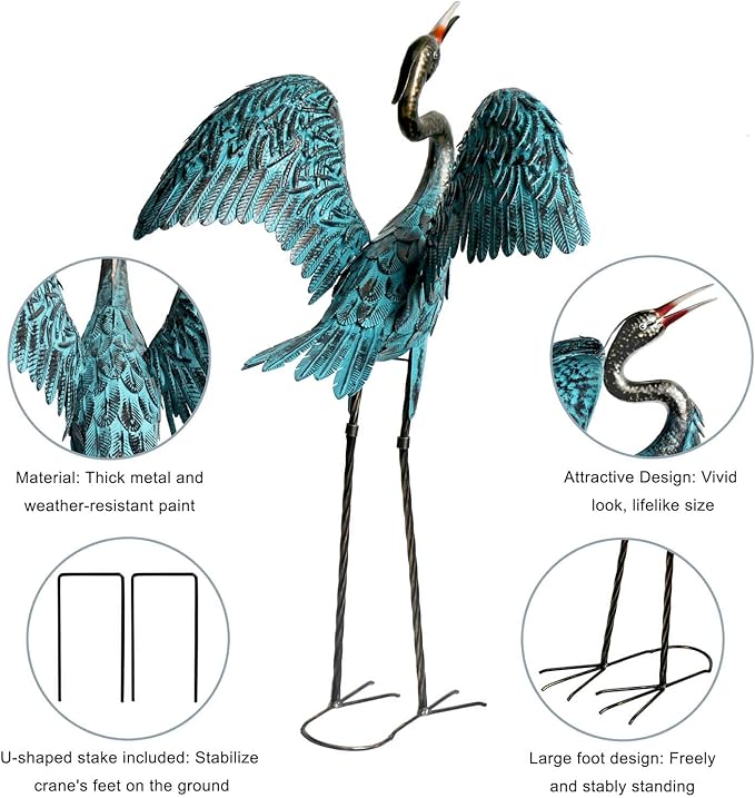 Natelf Garden Crane Sculptures & Statues, Blue Heron Decor Outdoor Large Bird Yard Art, Standing Metal Herons Lawn Ornaments for Home Patio Porch Backyard Decorations(Set of 2)