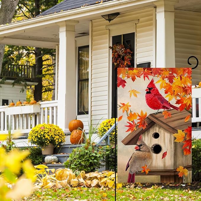 BLKWHT Fall Cardinal Bird Garden Flag 12x18 Vertical Double Sided Maple Leaves Welcome Autumn Thanksgiving Holiday Outside Decorations Burlap Yard Flag BW829