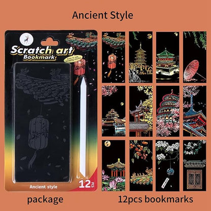 Georgie Porgy Scratch Paper Art Set for Kids Adults Magic Rainbow Scratchboards for DIY Arts and Crafts Kits Christmas Birthday Gift with Scratching Tools Kit (Bookmarks-Famous Scenery+Ancient Style)