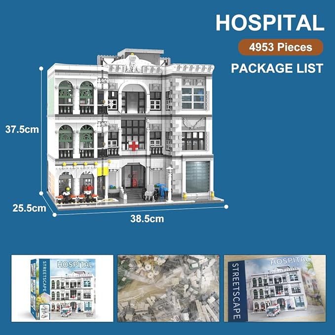 City Emergency Hospital Building Kit, MOC Street View Architecture 3 Levels Modular Buildings with 17 Figures, Construction Sets Ideas Present for Adults (4953 Pcs)