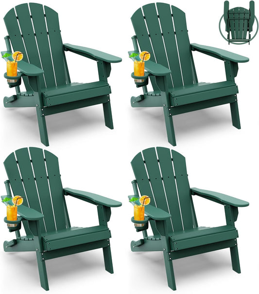 GREENVINES Folding-Adirondack-Chairs-Set-of-4 | HDPE Plastic | Fire Pit Chair | All Weather | Cup Holder | Forest | for Deck Backyard Patio Outdoor Garden