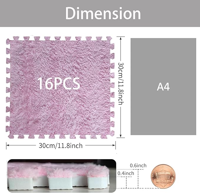 16pcs 0.6" Thickened Interlocking Tile Mats,Fluffy Shaggy Soft EVA Foam Area Rug for Living Room & Bedroom,Non-Slip Protective Floor Carpet Play Mat Kids Baby Dorm Home Decor (11.8ft, Pink)