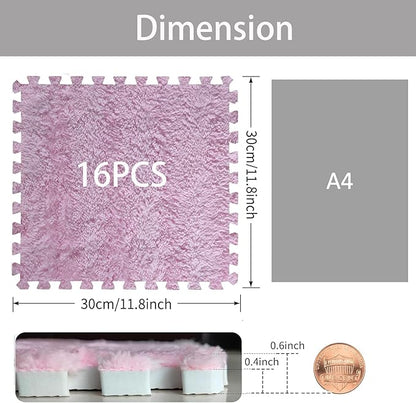 16pcs 0.6" Thickened Interlocking Tile Mats,Fluffy Shaggy Soft EVA Foam Area Rug for Living Room & Bedroom,Non-Slip Protective Floor Carpet Play Mat Kids Baby Dorm Home Decor (11.8ft, Pink)