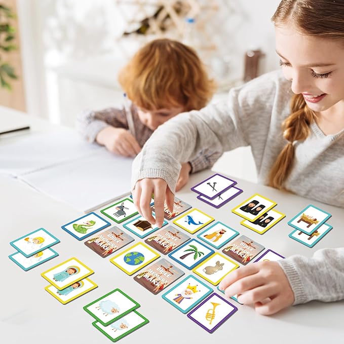 gisgfim 50 Pairs Memory Matching Game Bible Concentration Memory Card Games for Kids Educational A Fun & Fast Christian Bible VBS 2025 Easter Biblical Theme Matching Games