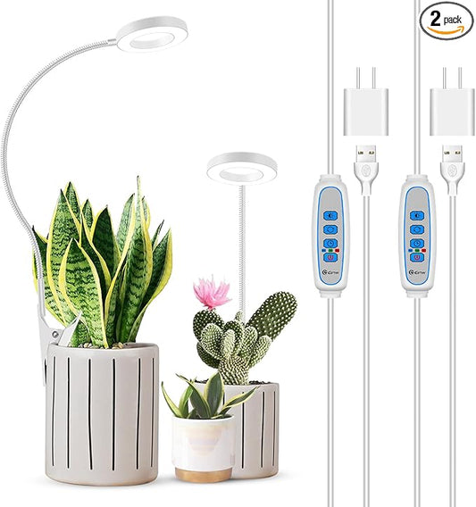 Plant Light Clip on, 6000K White Full Spectrum Grow Lights for Indoor Plants, Halo Grow Lamp with 360° Gooseneck, 6/12/16H Timer, 3 Light Modes, 5 Level Dimmable Indoor Plant Light 2 Pack