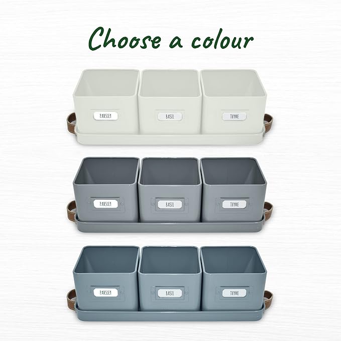 Herb Planter Indoor - Set of 3 Teal Blue Indoor Herb Garden Pots for Plants with Leather Handled Tray - Window Sill Plant Shelf - Herb Pots with Drainage Holes and Labels