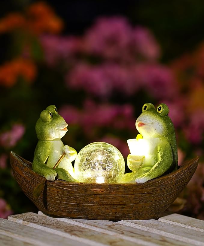 Solar Frogs Boating Statue Garden Decor: Outdoor Sculpture Lights Decorations Art Ornament Yard Lawn Backyard - Ideal Gifts for Women Mom Grandma