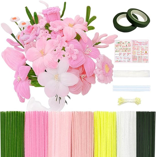 601PCS Complete Pink Pipe Cleaners Flower Kit–Pastel Pipe Cleaners for Flowers, DIY Craft Supplies for Projects, 6 Colors, with Floral Wires, Tape, Glue Sticks, Ribbon, Stamen, Manual & Video Tutorial