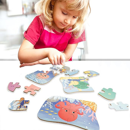 Wooden Floor Puzzles Set for Toddler Age 2-4 Easy 5 Pack 4 to 12 pcs Large Ocean Animal Beginner Puzzles for Early Educational Toy
