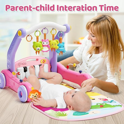 2 in 1 Baby Gym Play Mat with Walker, Kick and Play Piano Gym Activity for Boys Girls, Musical Activity Center Tummy Time Mat for 0-3-6-12-18 Months, Learning Walker Play Gym for Infant Toddler Gift