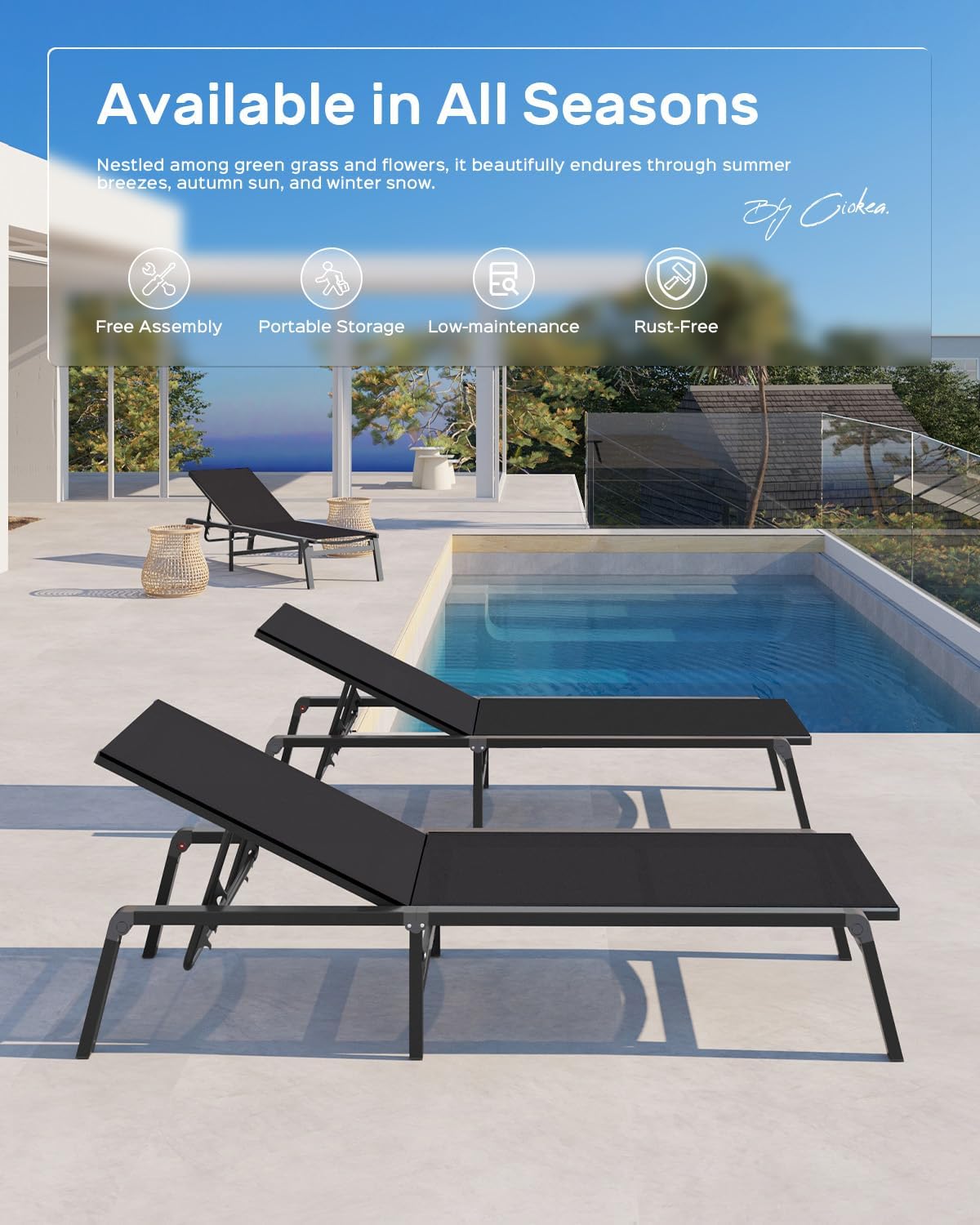 Aluminum Chaise Lounge Ourdoor - Foldable & Assemble Free Outdoor Lounge Chair with 5 Adjustable Backrest, Patio Lounge Chair for Outside Poolside Beach Pool, Black