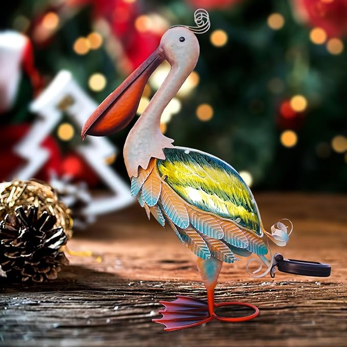 HONGLAND Solar Metal Pelican Statues Garden Sculpture & Statues, Glass Outdoor Pelican Yard Art Coastal Ocean Bird Decor Lawn Ornament for Backyard Porch Patio Decor（19 Inch）