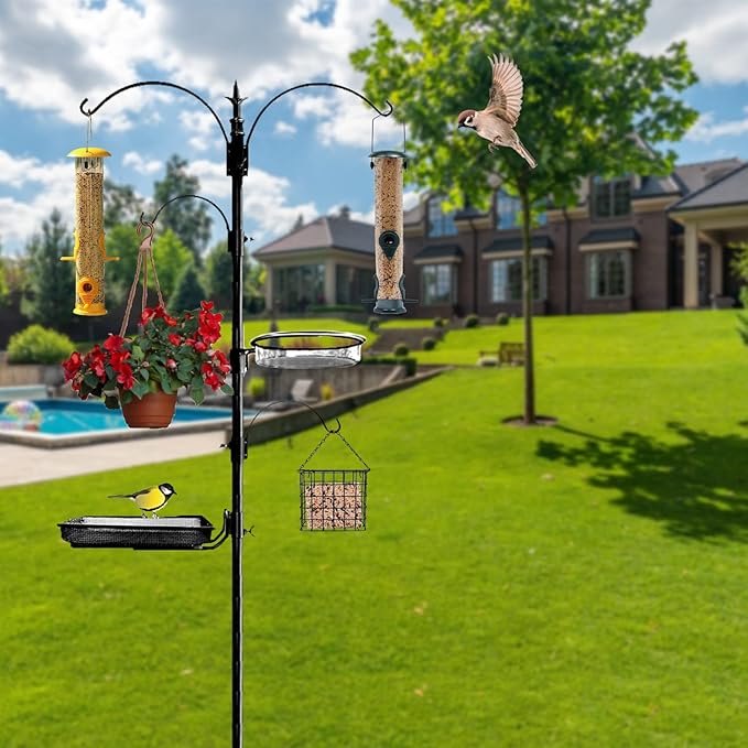 Premium Bird Feeding Station with 2 Bird Feeders Included for Outside - Multi Feeder Pole Stand Kit with 4 Hangers, Bird Bath and 5 Prong Base for Attracting Wild Birds - 22 Inch Wide x 91 Inch Tall