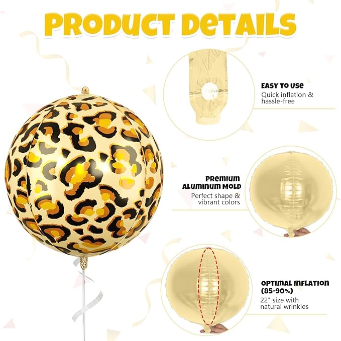 Leopard & Cheetah Print Foil Balloons, 6Pcs Large Metallic Leopard print Round Balloons, 22 Inch Big Round Foil Balloon for Camo Animal Jungle Adventure Birthday Party Baby Shower Wedding Decorations