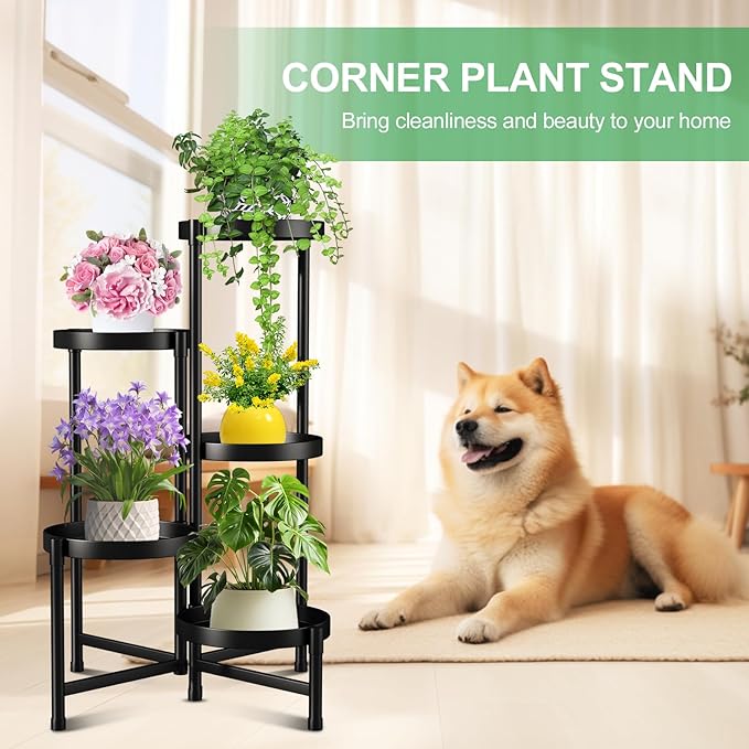 Metal Plant Stand Indoor Outdoor ,5 Tier Foldable Corner Tall Plant Shelf for Multiple Plants,Black Metal Tiered Plant Stand Sturdy and More Balanced,for Garden Patio Lawn Balcony