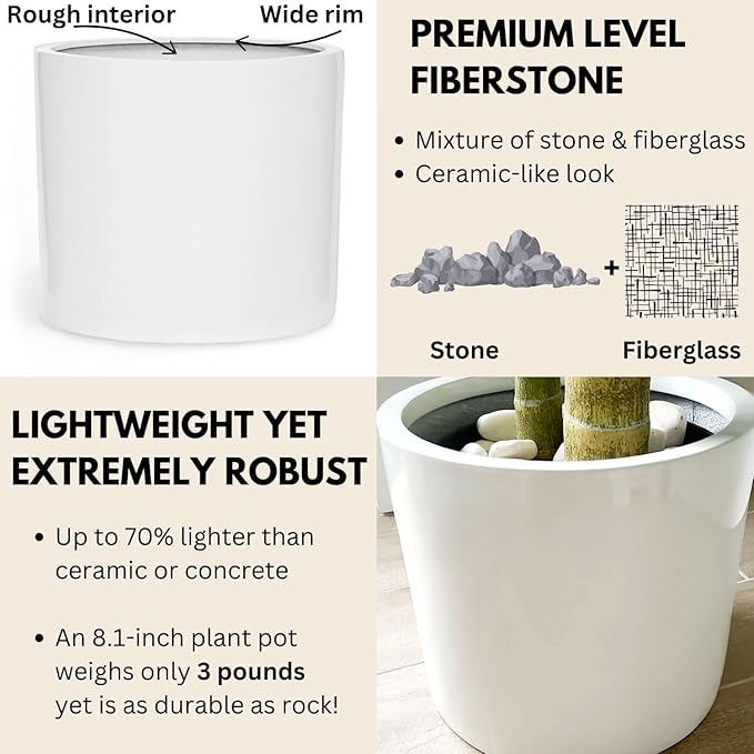 Fox & Fern 8 Inch Plant Pot with Drainage Plug — Premium Lightweight Fiberstone Glossy White Planter; Indoor & Outdoor Planter; 8 Inch Pots for Plants; Weather Resistant & UV Resistant