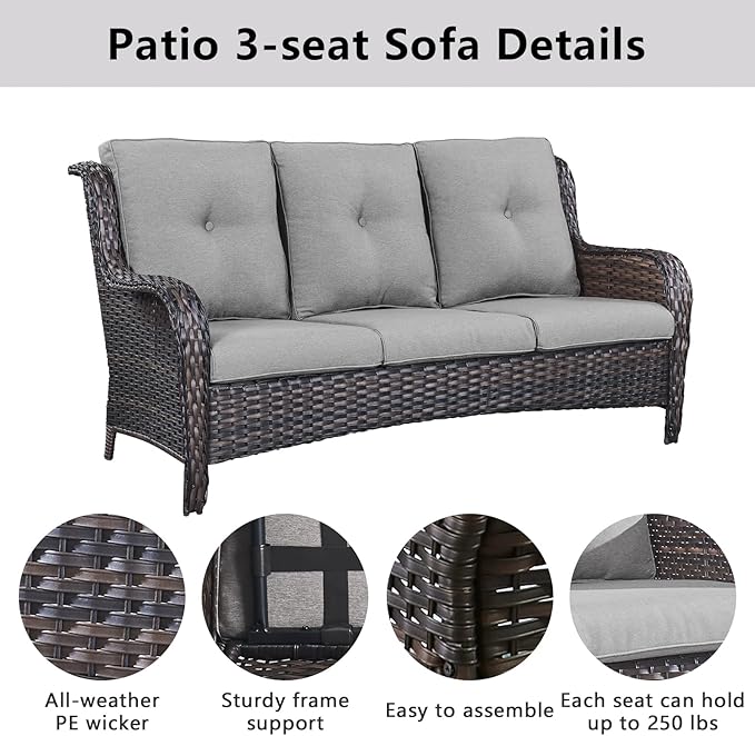 Wicker Patio Furniture Sets - 13 Piece Outdoor Rattan Furniture Conversation Sets with 4 Swivel Rocker Chairs, 2 Rattan Sofas, Wicker Ottomans and Coffee Table, Brown/Grey