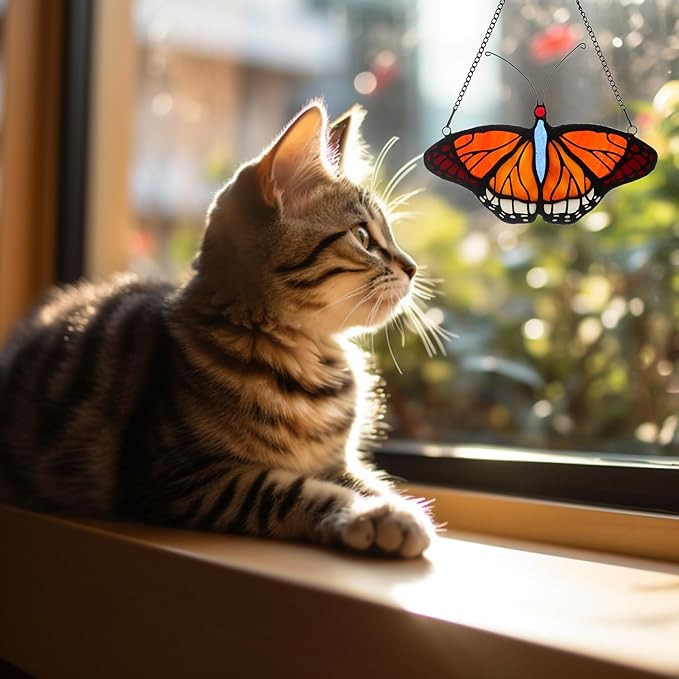 Stained Glass Window Hangings Butterfly Tiffany Style Butterfly Suncatcher for Window Hanging Suncatchers Handcrafted Ornament (Yellow)