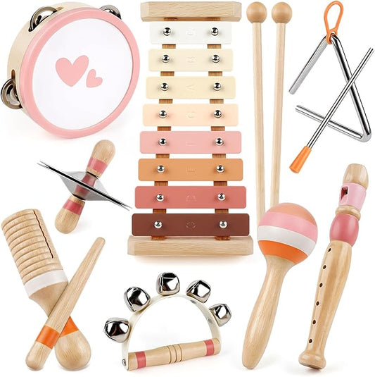 Musical Instruments for Girls - Toys for 2 3 Year Old Girl Birthday Gifts - 8 in 1 Wooden Montessori Musical Set with Xylophone/Tambourine/Maracas/Flute for Toddler 2-4(Pink)