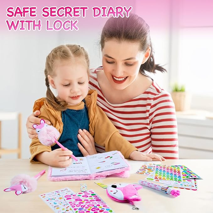 Gifts for 6 7 8 9 Year Old Girls, Diary with Lock for Girls - Journal Kit for Girls with Bookmarks Sticky Notes Pom Pom Pen Fuzzy Notebook (Fox Diary,Pink)