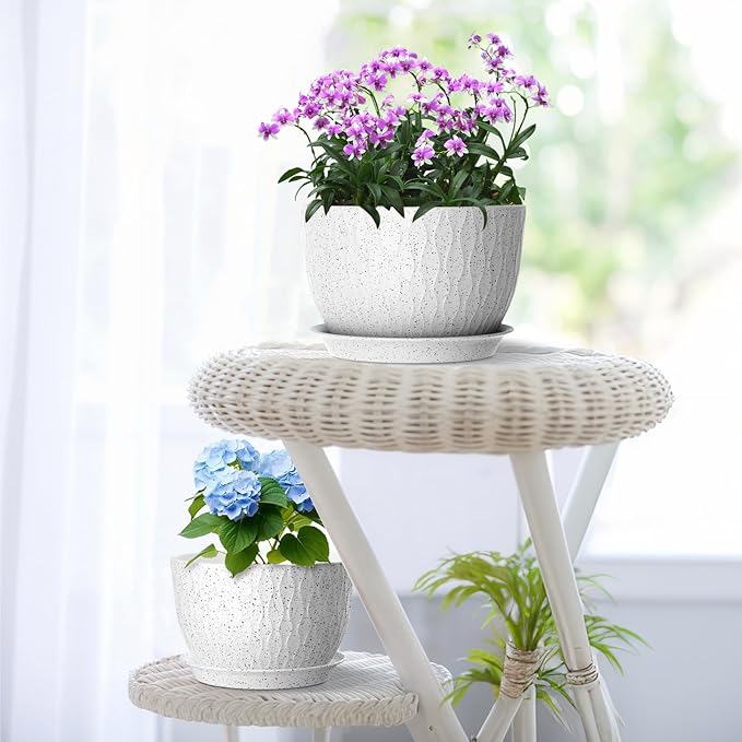 12/10/9 inch Large Flower Pots, 3 Set Big Plant Pots for Outdoor Indoor Plants with Water Ripples, Wide Plastic Planters with Drainage Holes and Saucers for Garden House Plants, Speckled White