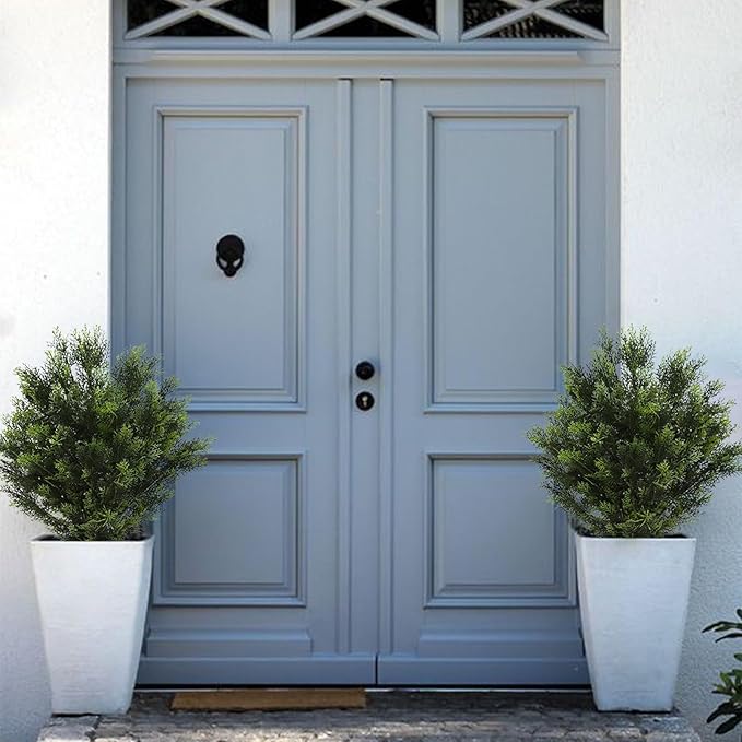 momoplant 31 Inch Tall Artificial Cedar Topiary Tree Set of 2 Faux Cypress Evergreen Potted Plants for Outdoor & Indoor Decor