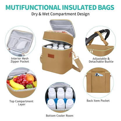 PIIOSER Breastmilk Cooler Bag with Ice Pack Fits 6 Baby Bottles Up to 9 Ounce, Insulated Baby Bottle Tote Bags, Double Layer Waterproof Leak-Proof with Shoulder Strap for Nursing & Working Mom (Brown)