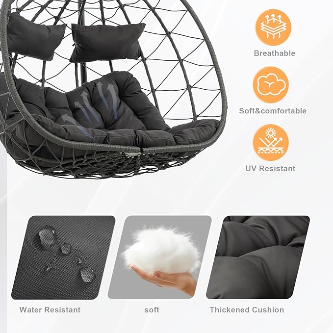 Double Egg Swing Chair with Stand, 2 Person Outdoor Indoor Hammock Hanging Chair with Cushion,Patio Wicker Hanging Egg Chair w/Cushion 700LBS Capacity for Bedroom, Balcony, Garden