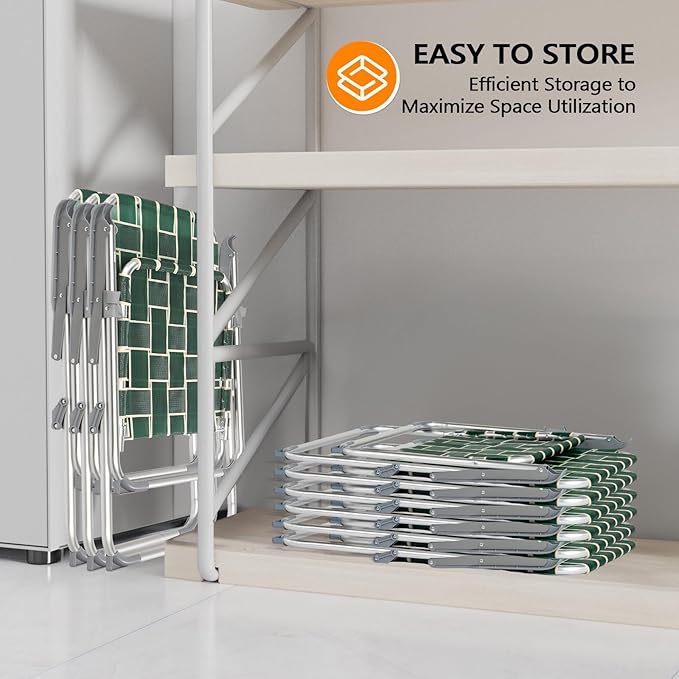 VINGLI Folding Webbed Oversized Lawn Chairs with Detachable Cup Holder, 300 LBS High Beach Chair for Adults Heavy Duty, Portable Aluminum Patio Chair for Yard, Garden, 2 Pack,Dark Green