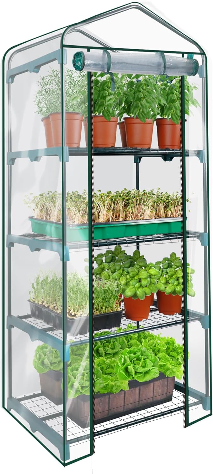 KOL 4-Tier Mini Greenhouse - PVC Clear Cover & Steel Frame - Portable Small Green House for Indoor & Outdoor Use - Grow Plants, Seedlings, Herbs