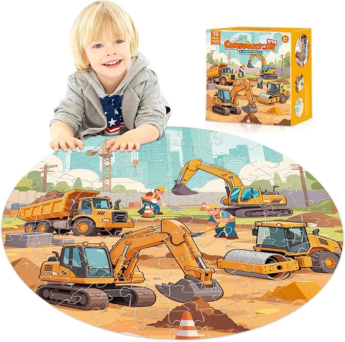 Floor Puzzles for Kids Ages 4-6 70 Piece Construction Site Large Floor Puzzle with Excavator, Dump Truck, Bulldozer Building Site Jigsaw Puzzles Educational Toy Gift for Boys Ages 6-8