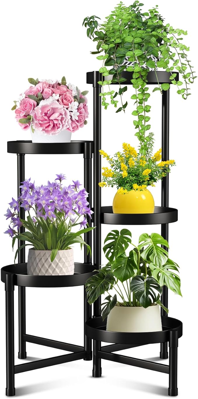 Plant Stand Indoor Outdoor,5 Tier Foldable Corner Tall Plant Shelf for Multiple Plants,Black Metal Tiered Plant Stand Sturdy and More Balanced,for Garden Patio Lawn Balcony