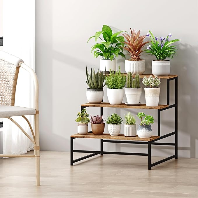 23.6" Wide Plant Stand Indoor, 3-Tier Modern Plant Ladder Shelf Corner Flower Pot Holder Organizer for Living Room Balcony Garden, Rustic Brown