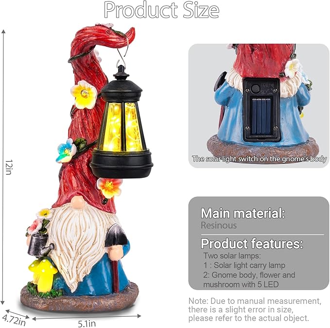 Solar Garden Statue Gnomes Figurine Lights, Dwarf Gardener with Long Hat Hanging Lantern, Outdoor Yard Decorations for Patio Porch Home, Garden Gifts for Women Mum