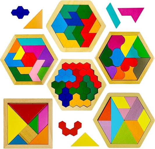 6 PCS Wooden Tangrams Puzzles for Kids, Wooden Hexagon Toddlers Puzzles Block Geometric Brain Teaser Wood Puzzle Tangram Logic IQ Toy Gifts for All Ages Boys Girls Adults Intelligence