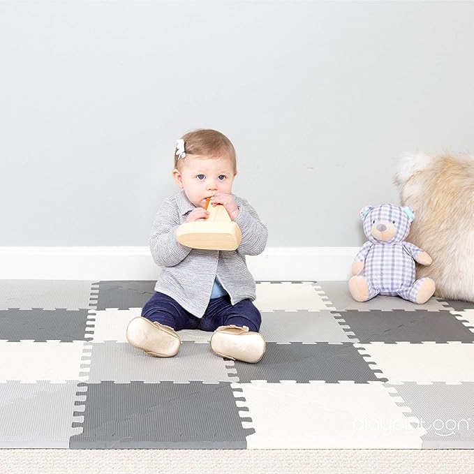 Play Platoon Non-Toxic Extra-Thick 96 Piece Triangle Play Mat - Comfortable 6x6ft Cushiony Foam Floor Puzzle Exercise Mat for Kids & Toddlers - Gray & Cream
