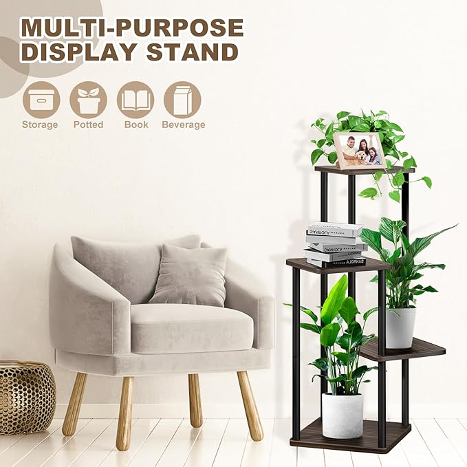 4 Tier Wood Tall Plant Stand Metal Rack Indoor, Multiple Flower Pot Holder Shelves Corner Rack, Planter Shelf Display Rack Storage Organizer for Patio Living Room Balcony Garden(Black Oak)