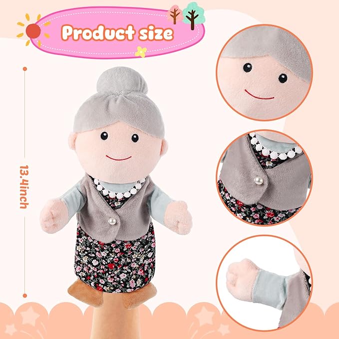 1 Pcs Family Hand Puppets 12 Inch Grandparents, Mom & Dad, Brother & Sister Plush Hand Puppet Toys Role-Play Toy Puppets for Kids Storytelling Imaginative Pretend Play Teaching Preschool(Grandma A)