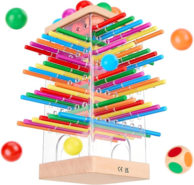 Montessori Wooden Board Games, 48 Colorful Sticks Dice Game with 12 Balls, Family Game for Kids and Adults, Math Educational Toys for 3 4 5 6 Years Old, Fine Motor Skills Toy Gifts for Boys and Girls