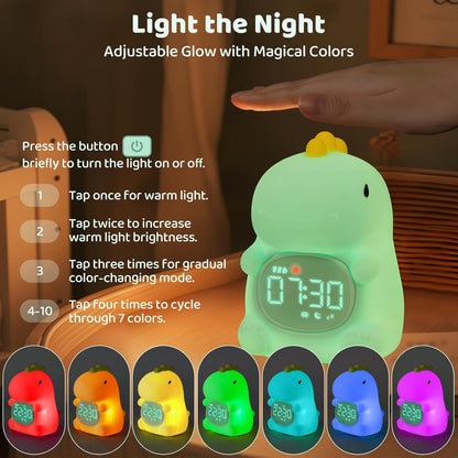 Dinosaurs Alarm Clock with Night Light for Kids with Sleep Training and Sound Machine, Rechargeable Silicone Lamp OK to Wake Clock，Cute Animal Tabletop Lamp, Perfect Sleep Companion for Boys Girls